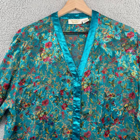 Vtg 90s VICTORIA'S SECRET Sheer Foral Button Down Sleep Shirt Small Teal Jewel - Picture 2 of 8